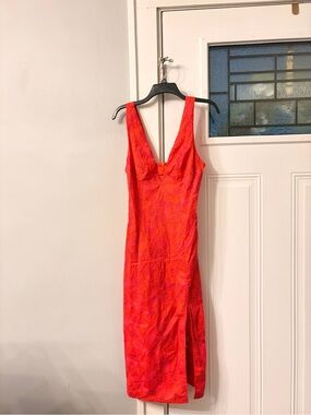 Forever 21 Red-Orange Floral V-Neck Midi Dress with Side Slit